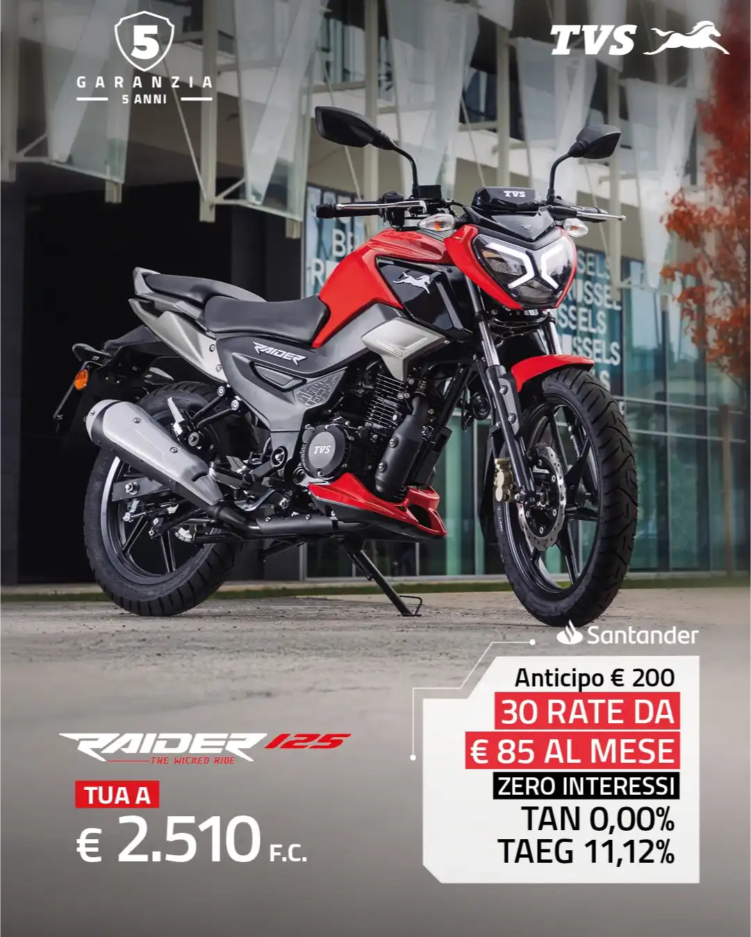 TVS Raider 125 è tua a soli €85 al mese!